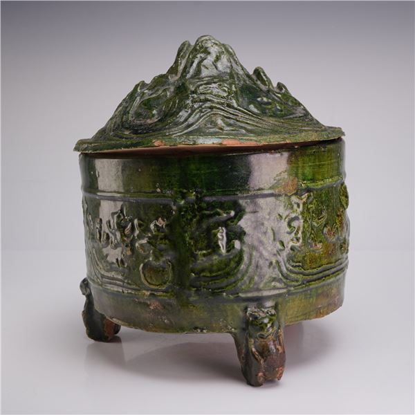 Chinese Han Dynasty Style Green Glazed Pottery Cylindrical Hill Jar and Cover
