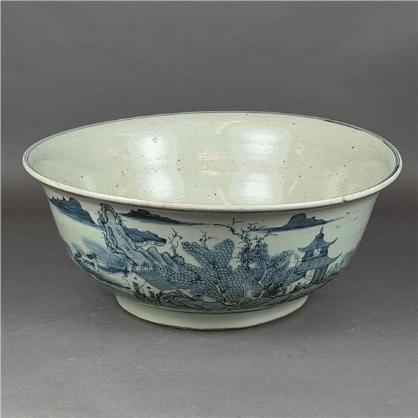 Large Chinese Blue and White Porcelain Landscape Wash Basin
