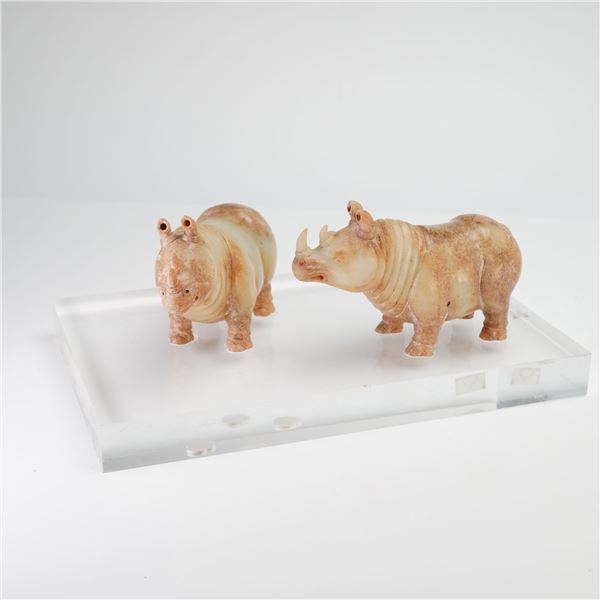 Pair of Ming Dynasty White Nephrite Jade Rhinos
