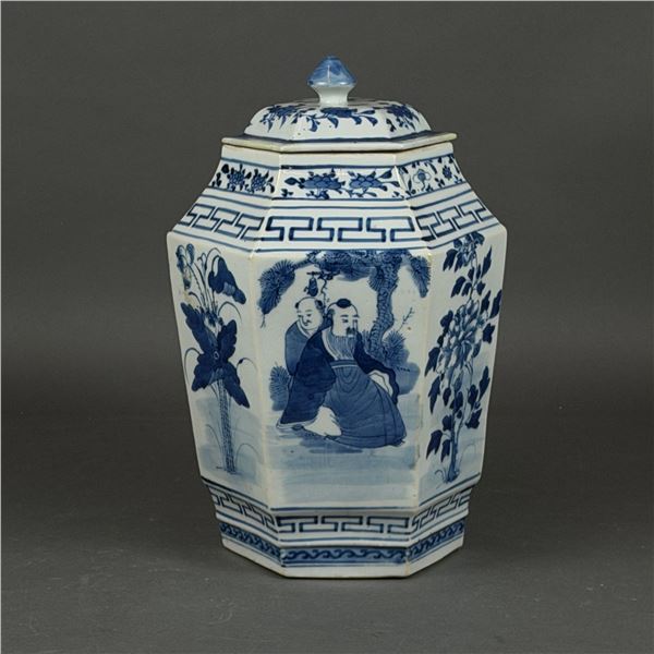 Qing Dynasty Hexagonal Blue and White Glazed Porcelain Lidded Jar