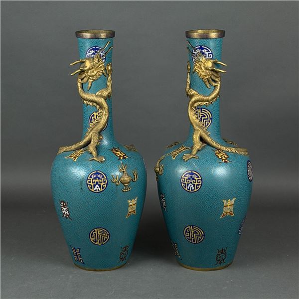 Pair of Qing Dynasty Cloisonne Vases with Applied Gilt Bronze Dragons