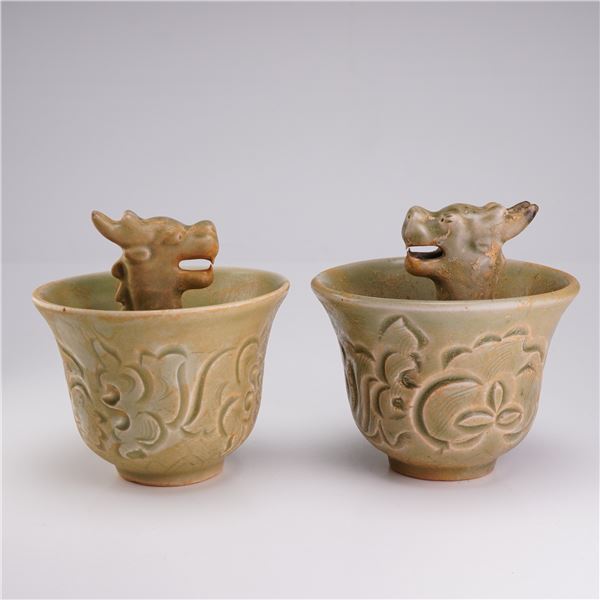 2pc Chinese Celadon Glazed Dragon Greedy Cups