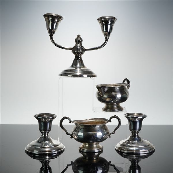 5pc Weighted Birks and Fisher Sterling Silver Candlestick Holders, and Cream and Sugar Set