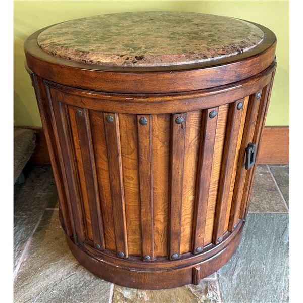 Round Wooden Cabinet Table w/ Stone Top & 2 Undershelves 25" Dia, 26"H