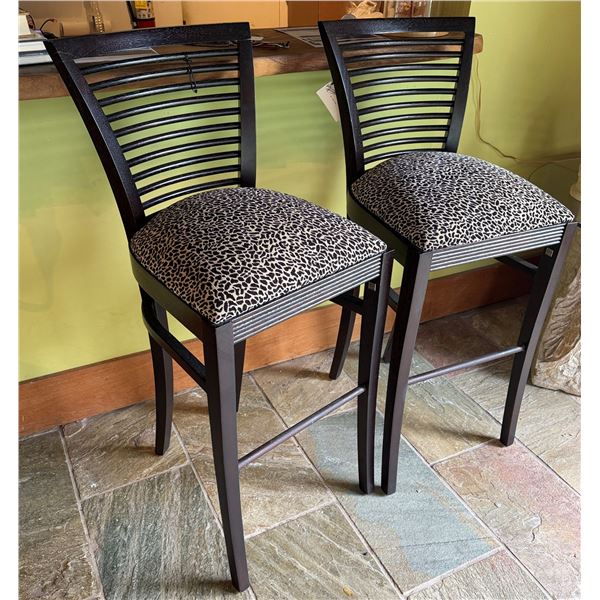 Qty 2 Adriana Hoyos Equador CoCo Barstools w/ Norbar Leopard Upholstered Seats (1 cracked) 44"H