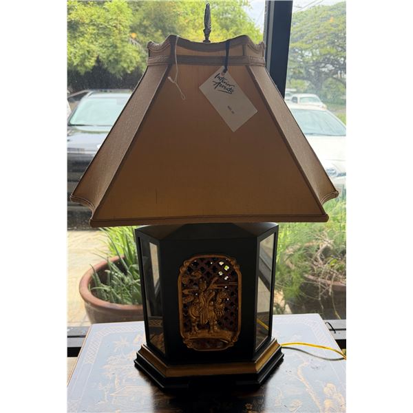 Table Lamp w/ Inlaid Mirrors, Metal Accented Base & Tan Shade 28"H