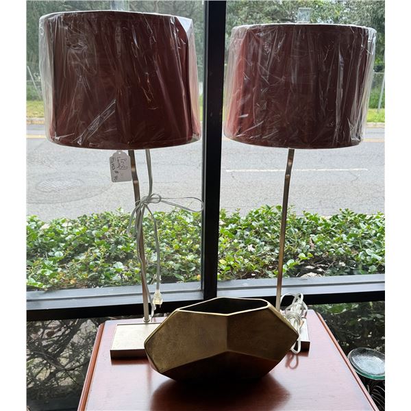 Qty 2 Table Lamps on Metal Pedestal Bases 31"H w/ Red Shades & Faceted Vase 14" x 8"H