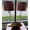 Image 1 : Qty 2 Table Lamps on Metal Pedestal Bases 31"H w/ Red Shades & Faceted Vase 14" x 8"H