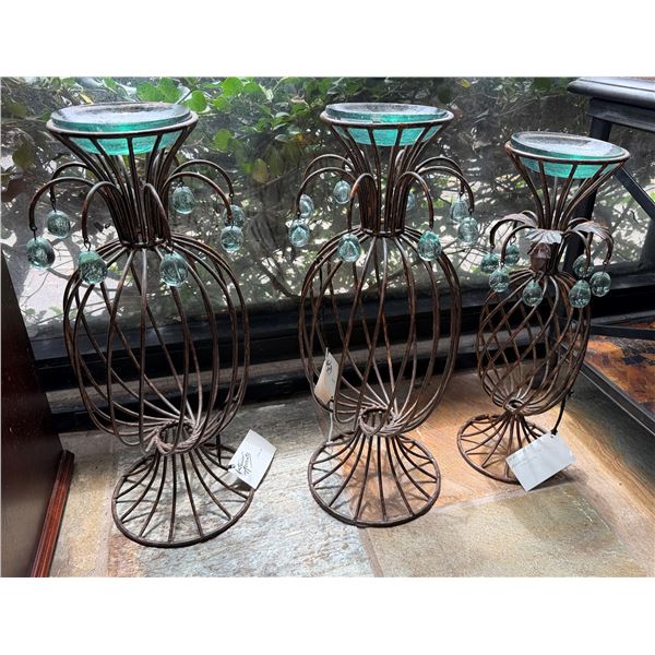 Qty 3 Metal Caged Stands w/ Glass Top & Hanging Beads Marked Rialto Lui, Misc Sizes