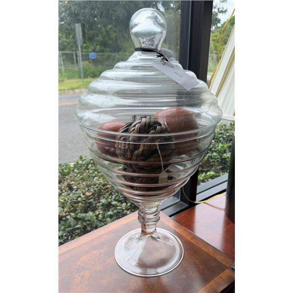 Clear Glass Pedestal Apothecary Jar w/ Faux Fruit & Woven Ball 24"H