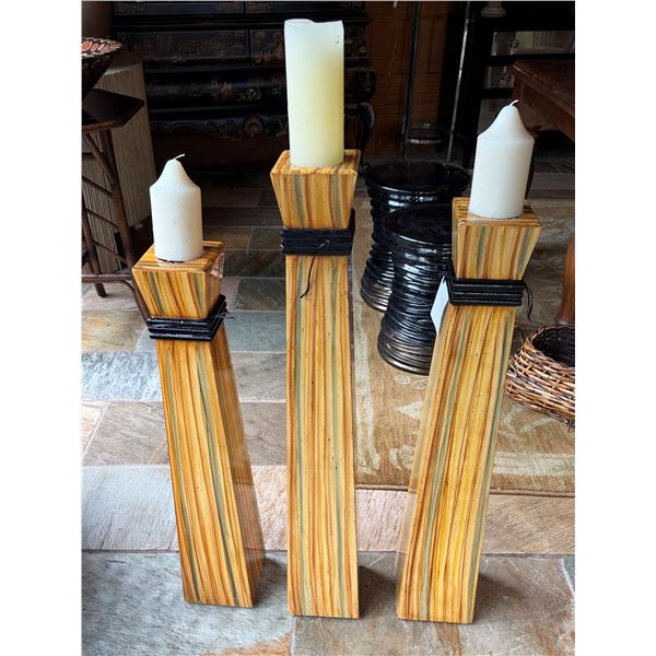 Qty 3 Floor Pillar Candle Holders w/ Striped Design & 3 White Candles, Misc Sizes