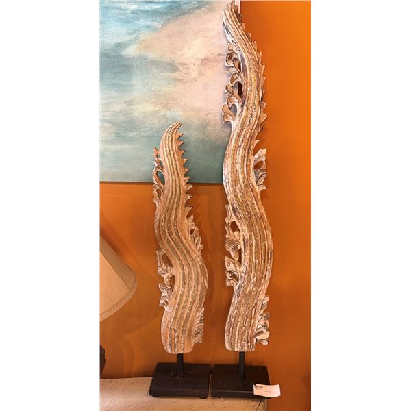 Qty 2 Carved Wood Sculptures on Metal Bases, Misc Sizes