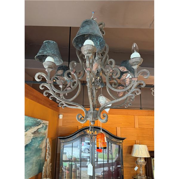 Wrought Iron Chandelier w/ Leaf Accents & Metal Shades