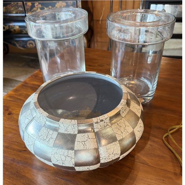 Qty 2 Clear Wine Chiller Buckets & Checkered Crackle-Finish Ceramic Bowl, Misc Sizes