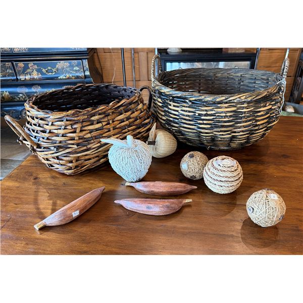 Qty 2 Woven Baskets w/ Handles & Multiple Decorative Fruit Fillers & Balls, Misc Sizes