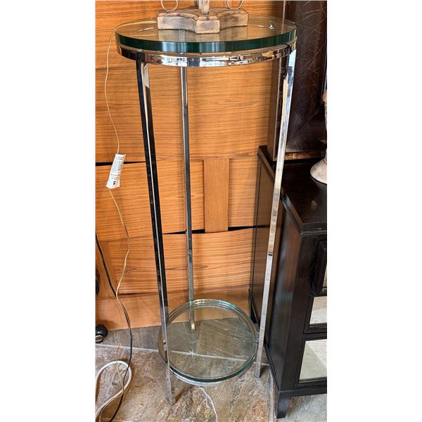 Swaim Round Stainless Steel Table w/ Glass Top & Undershelf 16" Dia, 48"H