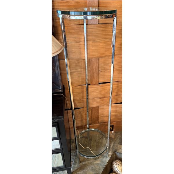 Swaim Round Stainless Steel Table w/ Glass Top & Undershelf 16" Dia, 60"H