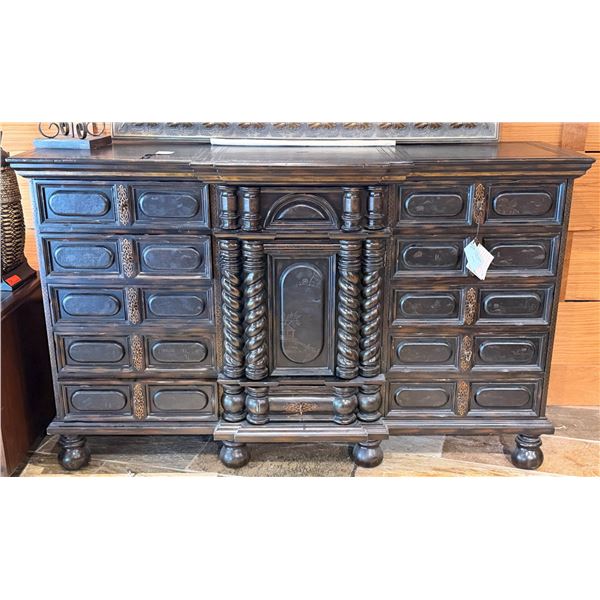 Maitland-Smith Carved Wooden Chest of Drawers w/ Leather Insets 72" x 23" x 44"H