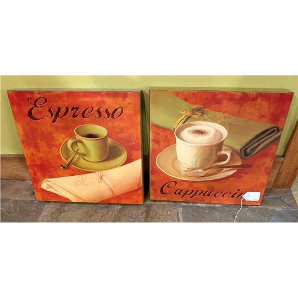 Qty 2 Coffee Artwork by Fabrice de Villeneuve: Espresso & Cappuccino 19" x 20.5"