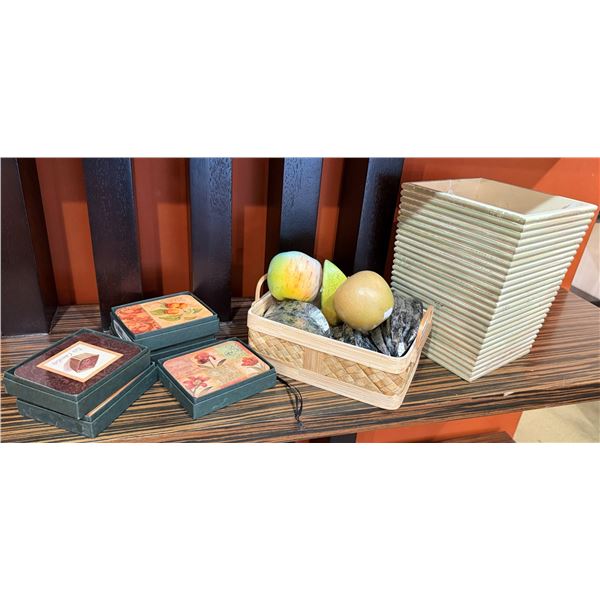 Multiple Décor: Ribbed Waste Can, Basket w/ Faux Fruit, Coasters, etc Misc Sizes