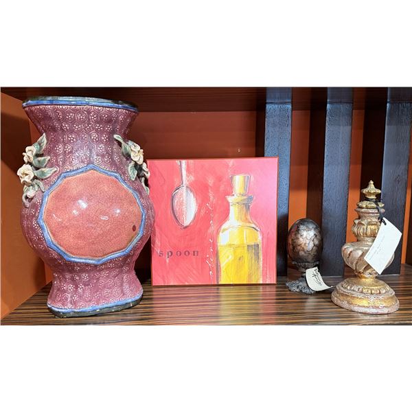 Multiple Décor: Tall Vase, Artwork, Egg on Stand & Swirl Finial, Misc Sizes