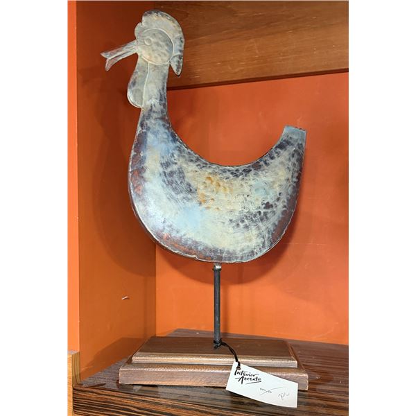 Metal Chicken Weathervane Sculpture on Wooden Base 21"H