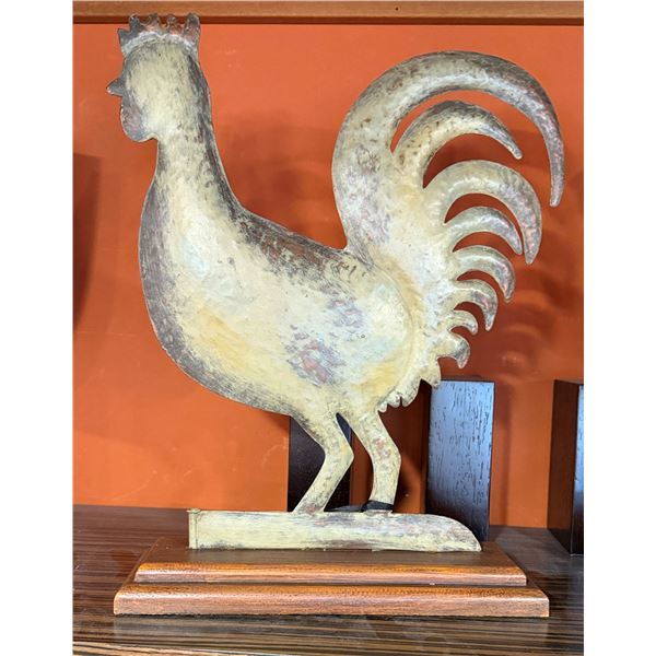Metal Chicken Weathervane Sculpture on Wooden Base 15"H