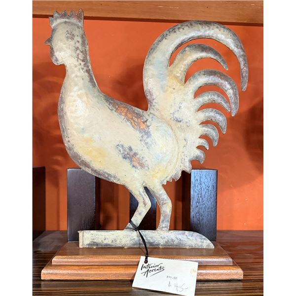 Metal Chicken Weathervane Sculpture on Wooden Base 15"H