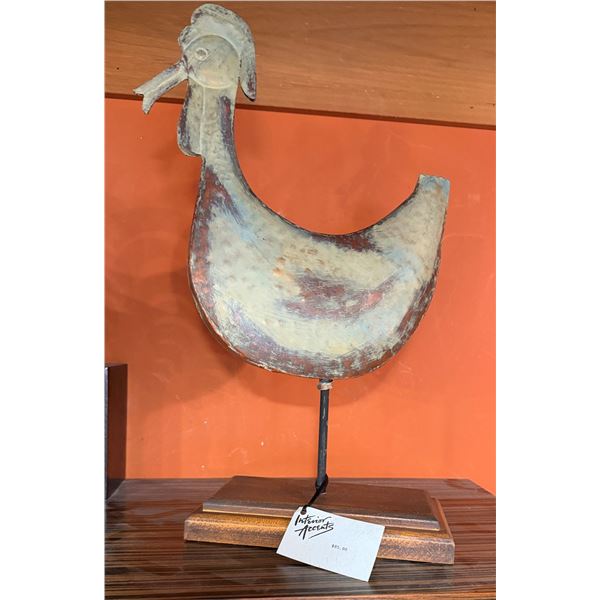 Metal Chicken Weathervane Sculpture on Wooden Base
