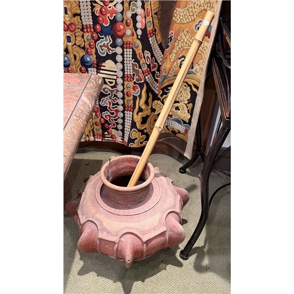 Decorative Lobed Earthenware Jar made in Peru w/ Bamboo Cane 14" Dia, 13"H