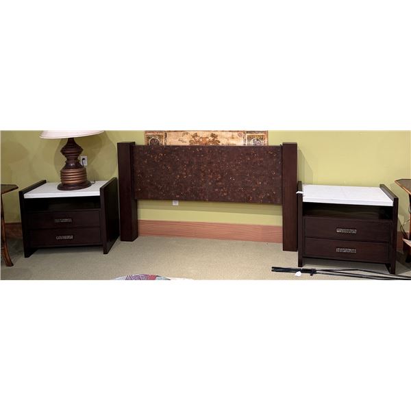 Adriana Hoyos Equador Wooden Bed Headboard w/ Crackle Finish & 2 Night Stands w/ Leather Tops