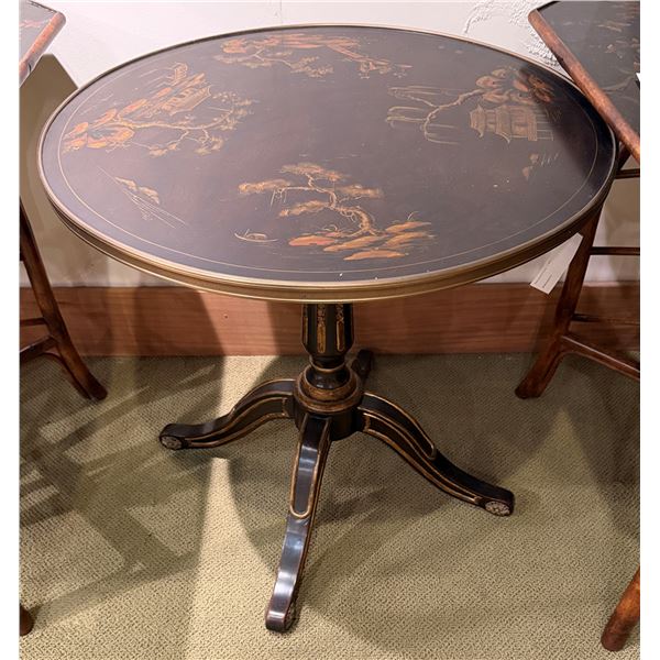 Theodore Alexander Round Side Table on Pedestal Base w/ Asian Floral Top 28" Dia, 28"H