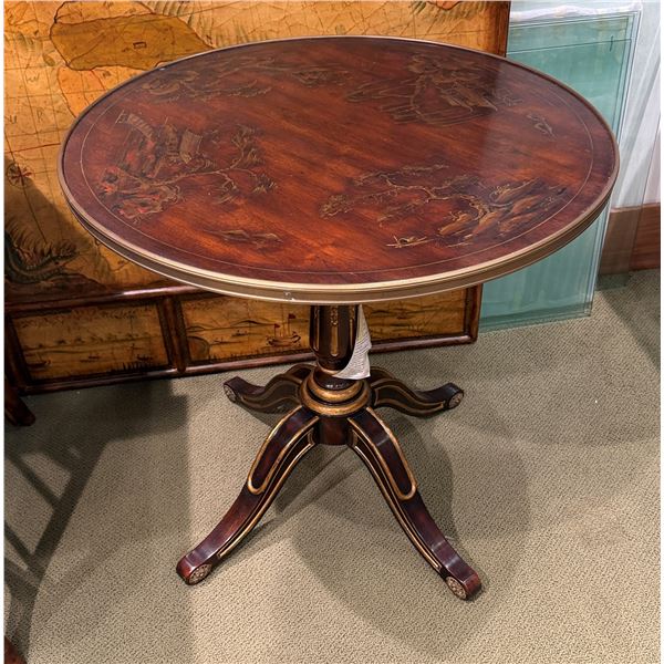 Theodore Alexander Round Side Table on Pedestal Base w/ Asian Floral Top 28" Dia, 28"H