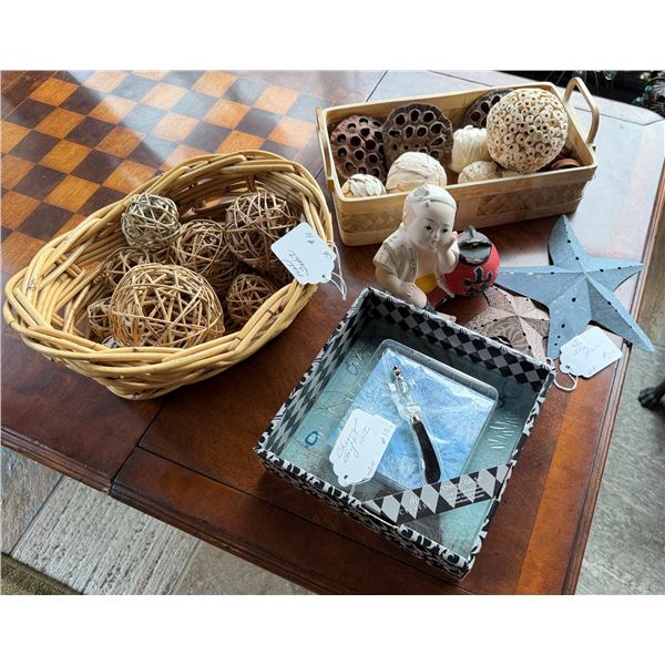 Qty 2 Baskets w/ Wicker Filler Balls, Figurine, Starfish Décor, etc Misc Sizes