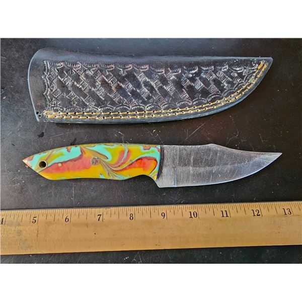 Hand Forged Damascus Steel Knife w/ Leather Sheath