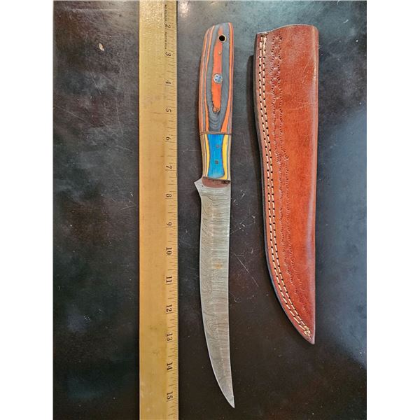 Hand Forged Damascus Steel Knife w/ Leather Sheath