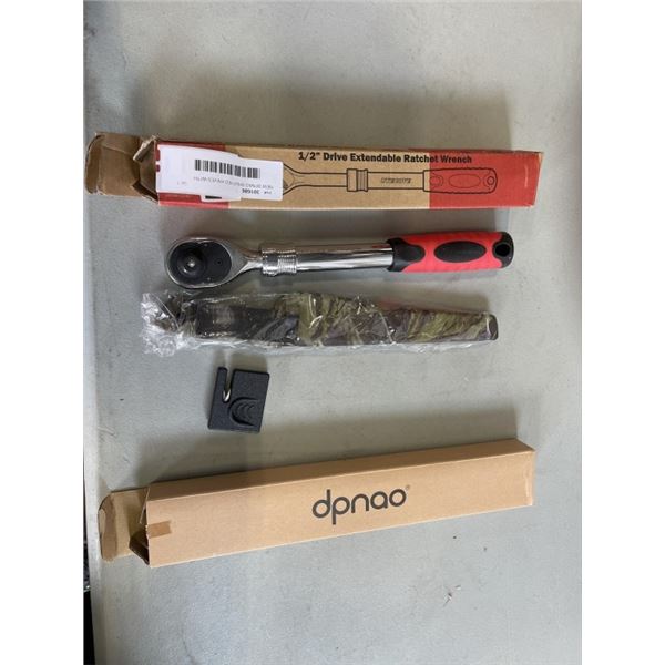 NEW DPNAO SHEATHED KNIVES WITH SHARPENING STONE AND UYECOVE 1/2" DRIVE EXTENDABLE RATCHET WRENCH