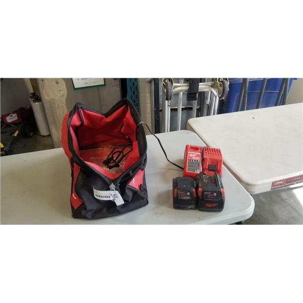 2 MILWAUKEE 18V BATTERIES, CHARGER AND BAG
