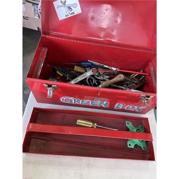 RED METAL TOOLBOX AND ASSORTED HAND TOOLS