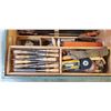 Image 2 : ANTIQUE CARPENTERS TOOL BOX WITH SAWS, CHISELS, ETC