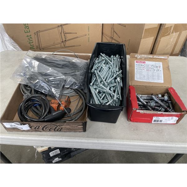 LOT OF CABEL LOCKS, CLAMPS, ZIPTIES, ETC, AND BIN OF BOLTS
