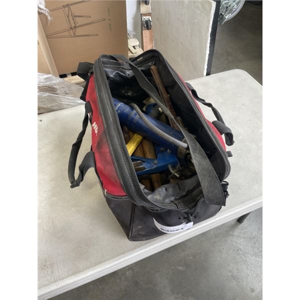 HUSKY TOOL BAG OF ASSORTED HAND TOOLS AND PIPE WRENCHES ETC