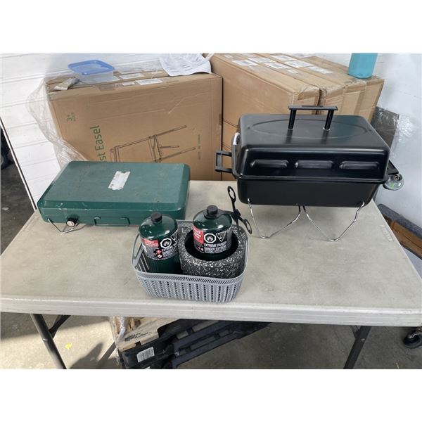 CAMP STOVE AND BBQ AND 2 PROPANE TANKS