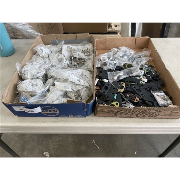 2 TRAYS OF NEW DOOR HARDWARE - STOPPERS, HINGES, PLATES, ETC