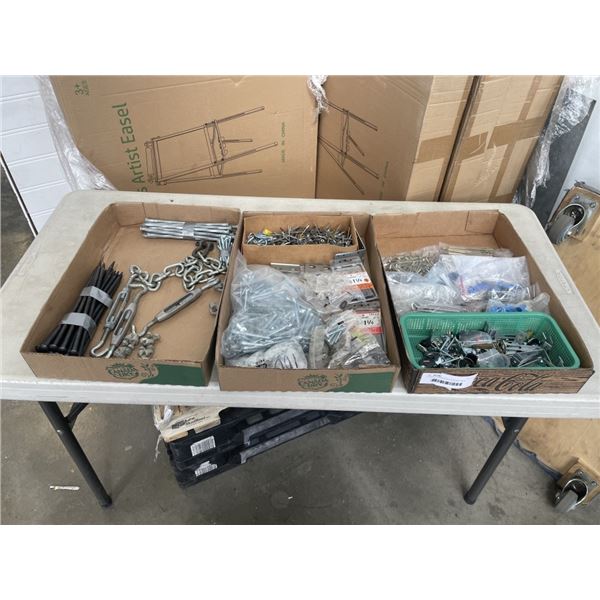 3 TRAYS OF ASSORTED SCREWS, NAILS, NUTS AND BOLTS, ETC