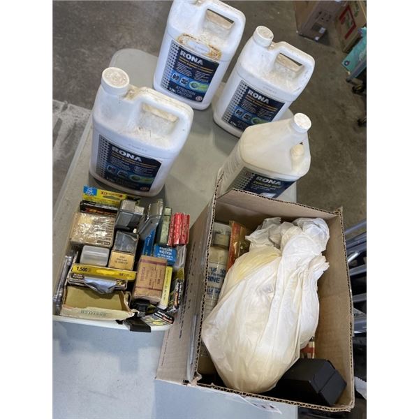 BOX OF NEW OLD STOCK AND 4 JUGS OF SHOP FLUIDS