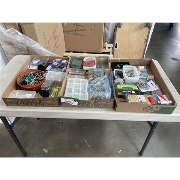3 TRAYS OF ASSORTED SCREWS, NAILS, NUTS AND BOLTS, ETC