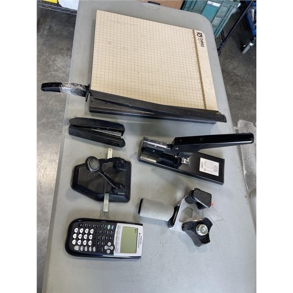 ASSORTED OFFICE ITEMS INLCUDING PAPER CUTTER, SCIEWNTIFIC CALCULATOR ETC