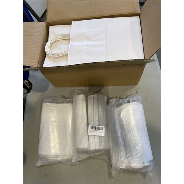 CASE OF 100 WHITE KRAFT PAPER BAGS 8" X 4.75" AND 3 BAGS OF 200 CLEAR ENVELOPE POUCHES