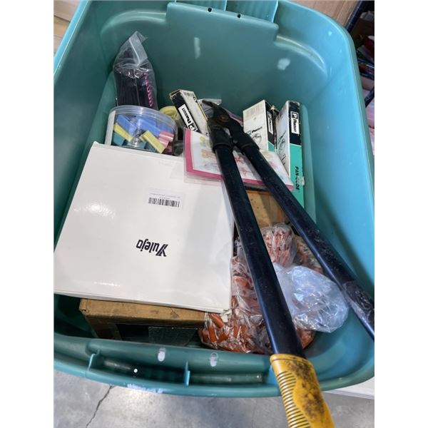 TOTE OF TREE PRUNERS, ELECTRICAL WIRE TIES, PANCODE WIRE MARKERS ETC
